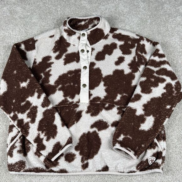 Ariat Tops - Ariat REAL Womens Cow Print Fleece XXL Berber 1/2 Snap Front Chestnut Fleece 2XL